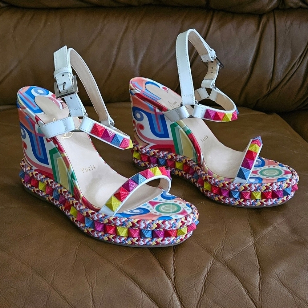 New Christian Louboutin Pyraclou Multicolor Wedge Luxury Sandals Heels Size 7 US